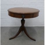 Reproduction drum table on leaf moulded legs, 72 x 72cm.