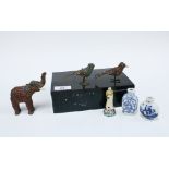 Two Chinese blue and white snuff bottles (no stoppers), miniature Staffordshire figure (a/f), Indian