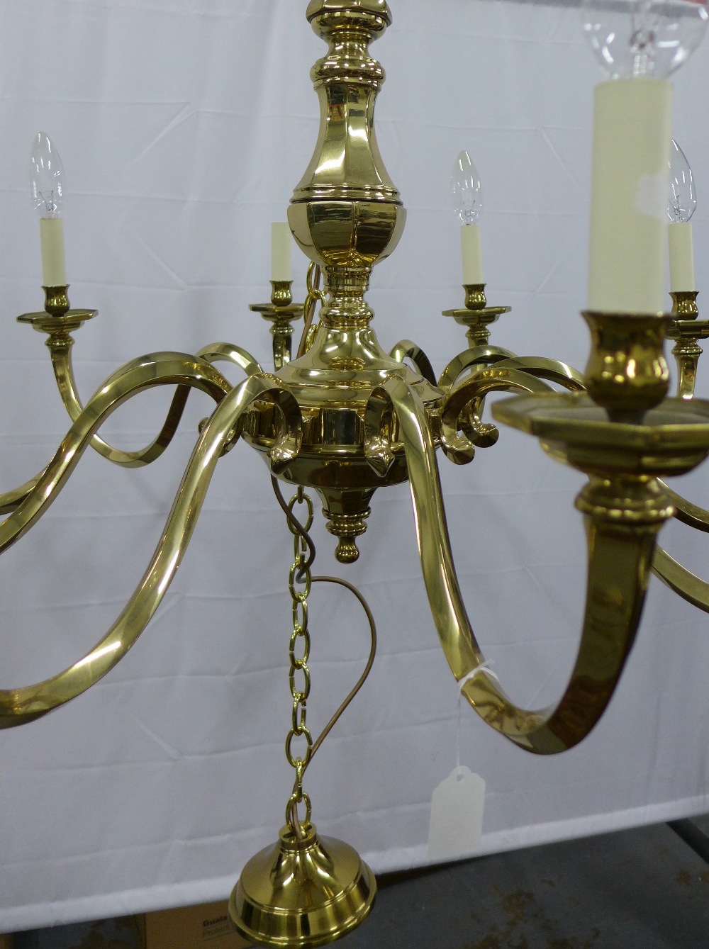 Large & heavy Dutch style brass chandelier, ten scrolling arms with octagonal scones and - Image 2 of 4