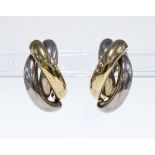 Pair of vintage half hoop earrings comprising one yellow metal panel and two white metal panels,