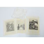 Brussels lace handkerchief, 20 x 20cm together with four unframed Praque etchings, 8 x 10cm (5)