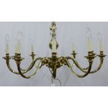 Large & heavy Dutch style brass chandelier, ten scrolling arms with octagonal scones and