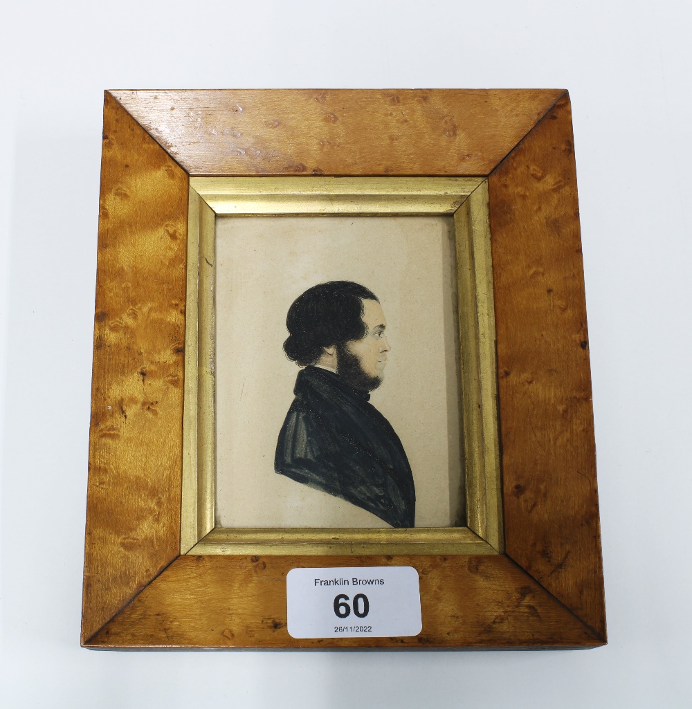 Portrait miniature, silhouette style, within a burr frame, size overall 15 x 17cm