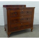 Mahogany chest, three long drawers with mother of pearl escutcheons, raised on short cabriole