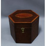 19th century hexagonal box, the hinged lid with a shell paterae, felt lined interior, 17cm tall