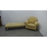 Pale yellow damask upholstered armchair with squab and scatter cushions, on mahogany legs with brass