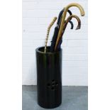 Pottery stick / umbrella stand, possibly Scottish containing a selection of canes and umbrellas, (