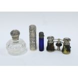 Victorian glass scent bottle with stopper and silver top, London 1896, Eastern white metal