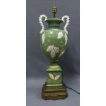 Large sage green and white bisque pottery table lamp base, of classical form with gilt highlights,