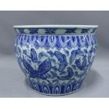 Chinese blue and white fish bowl planter, 35cm diameter