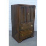 An oak cabinet with a pair of panelled doors over two long drawers. 110 x 62 x 46cm.