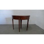 Mahogany & inlaid demi lune foldover tea table. 72 x 95 x 93cm.