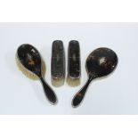 George V silver and tortoiseshell four piece dressing table brush set London 1919 (4)