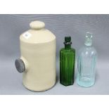 Stoneware flask and two glass bottles (3)