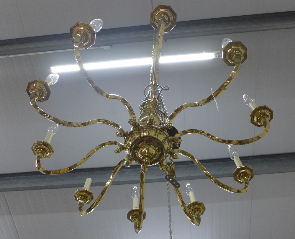 Large & heavy Dutch style brass chandelier, ten scrolling arms with octagonal scones and - Image 4 of 4