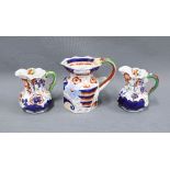 Ironstone gaudy style jug and two Allertons jugs, 16cm tall (3)