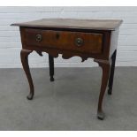 Walnut low boy with single drawer, raised on cabriole legs, (A/F) 71 x 80 x 51cm.