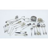 Collection of Epns spoons, grape scissors, nut cracks, salts, sauce ladle and a a silver cup