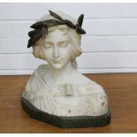 Italian Art Nouveau alabaster bust of Sappho, singed A. Gennai, on a green hardstone base (some