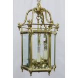 Hexagonal brass and glass panelled lantern light fitting, 34 x 67cm