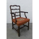 19th century mahogany open armchair with pierced ladderbacks, scrolling ams, upholstered stuff