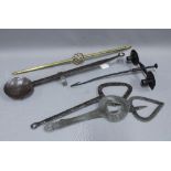 Collection of hand forged items to include an iron ladle 62cm long, double candlestick, etc and a