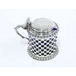 Victorian silver drum mustard with pierced circular decoration, blue glass liner and shaped