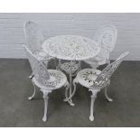 White painted metal garden table and set of four chairs. 65 x 72cm. (5)