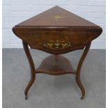 Edwardian inlaid envelope table with undertier, raised on tapering legs with ceramic castors, 71 x