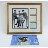 The Beatles, framed black and white image together with a group of blue ink signatures on paper