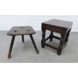 An early dark wood stool with three legs together with a joint stool with square top (2)