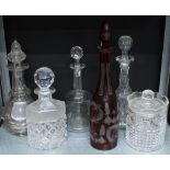 Collection of five various decanters with stoppers together with a cut glass jar and cover (6)