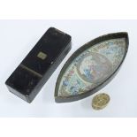 18th century navette shaped papier mache dressing table tray with a glazed, tinted print of a