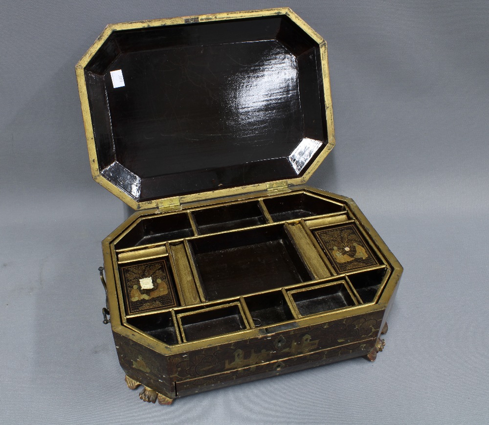 19th century Chinese gilt lacquered box, the hinged lid with canted corners, opening to reveal a - Image 2 of 5