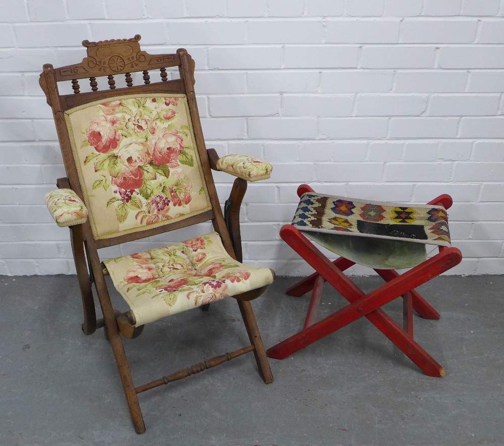 Early 20th century mahogany folding chair together with a folding Kelim stool. 97 x 56cm. (2)