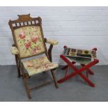 Early 20th century mahogany folding chair together with a folding Kelim stool. 97 x 56cm. (2)