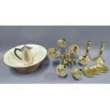 Pair of brass candlesticks with pushers, wick scissors, silver plated hot milk pot and a glazed