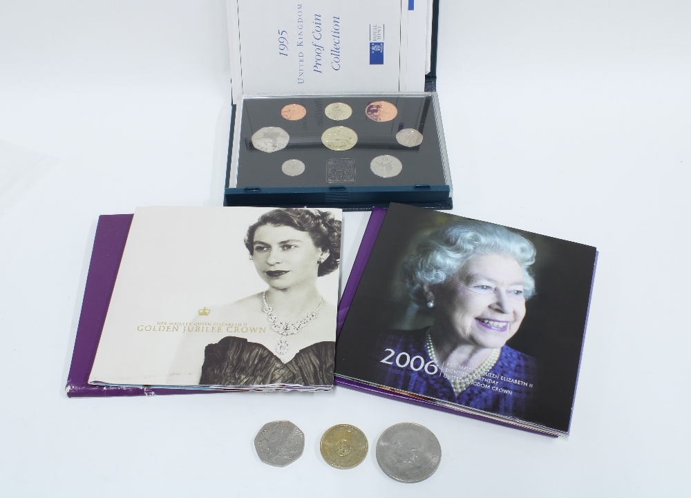 Royal Mint 1995 Proof Coin set, QEII Golden Jubilee Crown, QEII 80th Birthday Crown, Bank of England