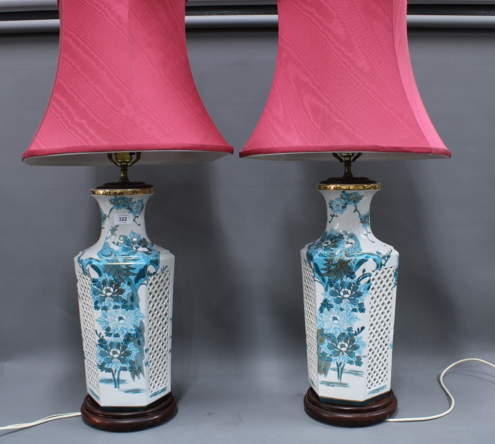 Pair of large table lamps, on wooden bases, with shades, 50cm tall excluding fittings, (2)