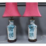 Pair of large table lamps, on wooden bases, with shades, 50cm tall excluding fittings, (2)