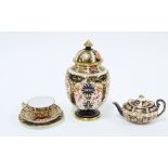 Royal Crown Derby miniature Imari pattern teapot, cup, saucer & side plate trio and a Royal Crown
