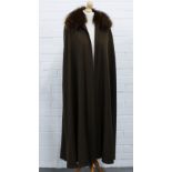 Yves Saint Laurent Rive Gauche wool cape, full length with faux fur trim collar, gilt metal chain
