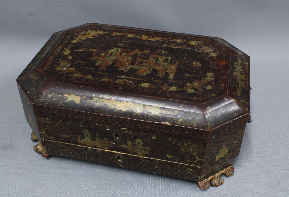 19th century Chinese gilt lacquered box, the hinged lid with canted corners, opening to reveal a