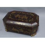 19th century Chinese gilt lacquered box, the hinged lid with canted corners, opening to reveal a