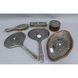 Early 20th century pewter backed dressing table brushes, hand mirrors, tray and box (6)