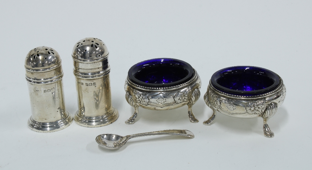 Victorian silver salts, Sheffield 1878 and a pair of Birmingham silver pepper pots (4)