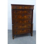 19th century Dutch marquetry tall chest with six long drawers, three of which are flanked by a