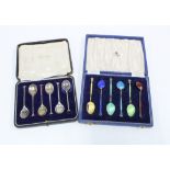 Set of six harlequin enamel silver coffee spoons, Birmingham 1955 together with a cased set of six