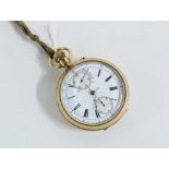 Gold plated, double sided, open face chronograph tachymeter pocket watch, by Mensor