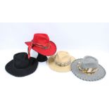 Four Liz Claiborne felt hats, one with a Burberry trim and one with a Cornelia James silk scarf (a